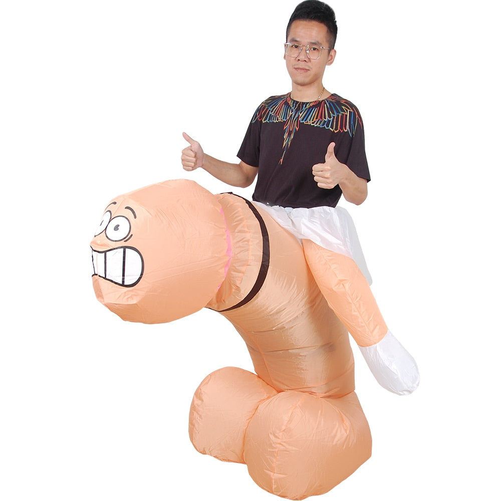 Man with black t shirt on ride on penis cosutume that has pained expression