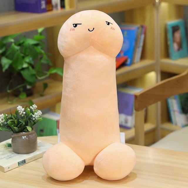 A pink penis stuffed pee pee that has a cheeky expression