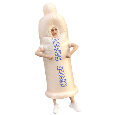person standing with hands out and in a condom suit